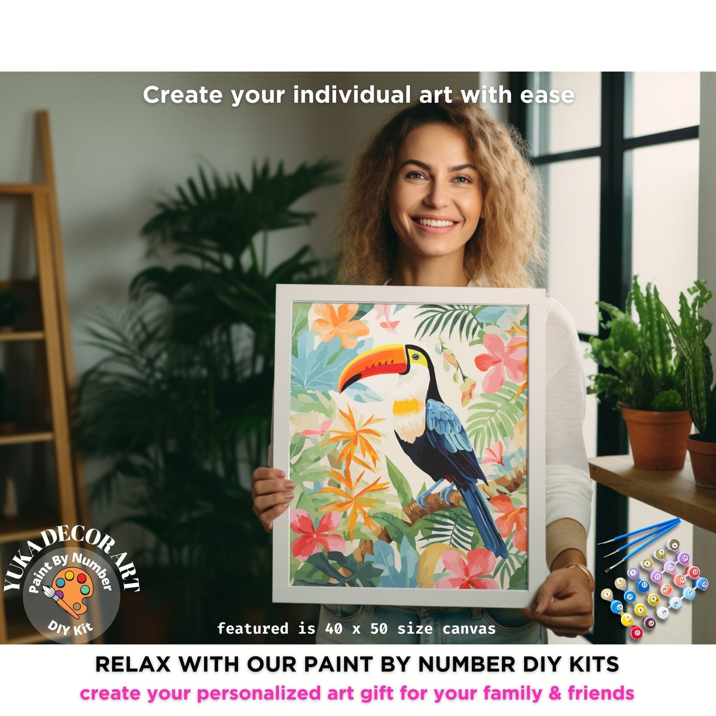 Bird PAINT by NUMBERS Kit for Adults Watercolour Style Vintage Art Nature Forest Toucan Bird Easy Beginners DIY Paint Kit Anniversary Gift