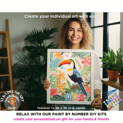 Bird PAINT by NUMBERS Kit for Adults Watercolour Style Vintage Art Nature Forest Toucan Bird Easy Beginners DIY Paint Kit Anniversary Gift
