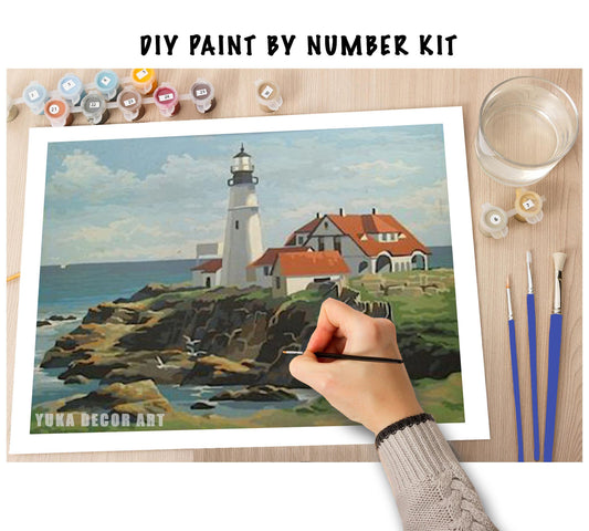 Vintage Style Paint by Numbers Kit for Adults , Lighthouse Island House , Canvas Painting Kit - Rustic Decor DIY Art Kit