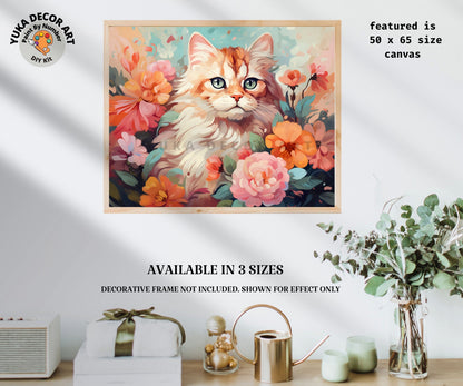 Cat PAINT by NUMBER Kit Adult DIY Art Peach Peonies Floral Easy Beginner Acrylic Painting Birthday Anniversary Custom Gift For Kids Teens