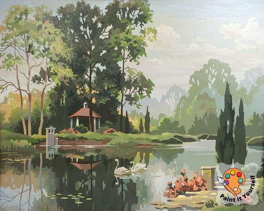 Lakeside Vintage Style PAINT by NUMBER Kit Adult, Forest Mist Pink Flowers, Easy Beginner Acrylic Painting DIY Kit,Vintage Decor Gift