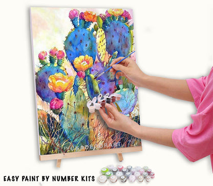 Paint by Numbers  Kit for Beginner , Kids & Adult Hobby, Green Cactus with Flower,Desert Landscape , Easy Acrylic DIY Painting Decor Gift