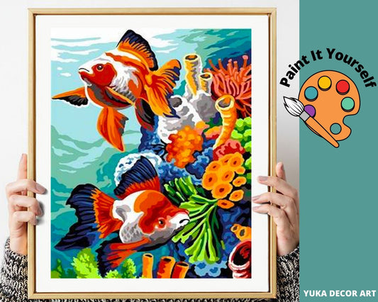 Colorful Fish PAINT by NUMBER Kit for Adults , Fishes In Lake , Easy DIY Beginners Acrylic Paint Kit , Wall Art Decor ,Gift For Hert