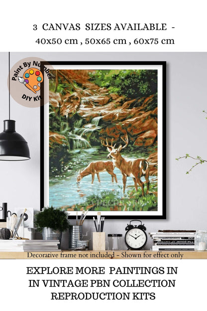 Deers in Forest PAINT by NUMBER Kit  Adult , Mountain Stream Vintage Style DIY Art , Easy Painting Hobby  Kit,Gift For Mom Grandmother
