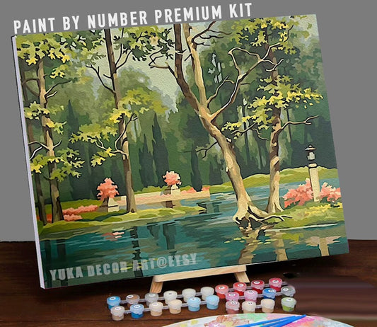 Vintage Style PAINT by NUMBER Kit Adult, Forest Valley Lake, Mist Pink Flowers, Easy Beginner Acrylic Painting DIY Kit,Vintage Decor Gift