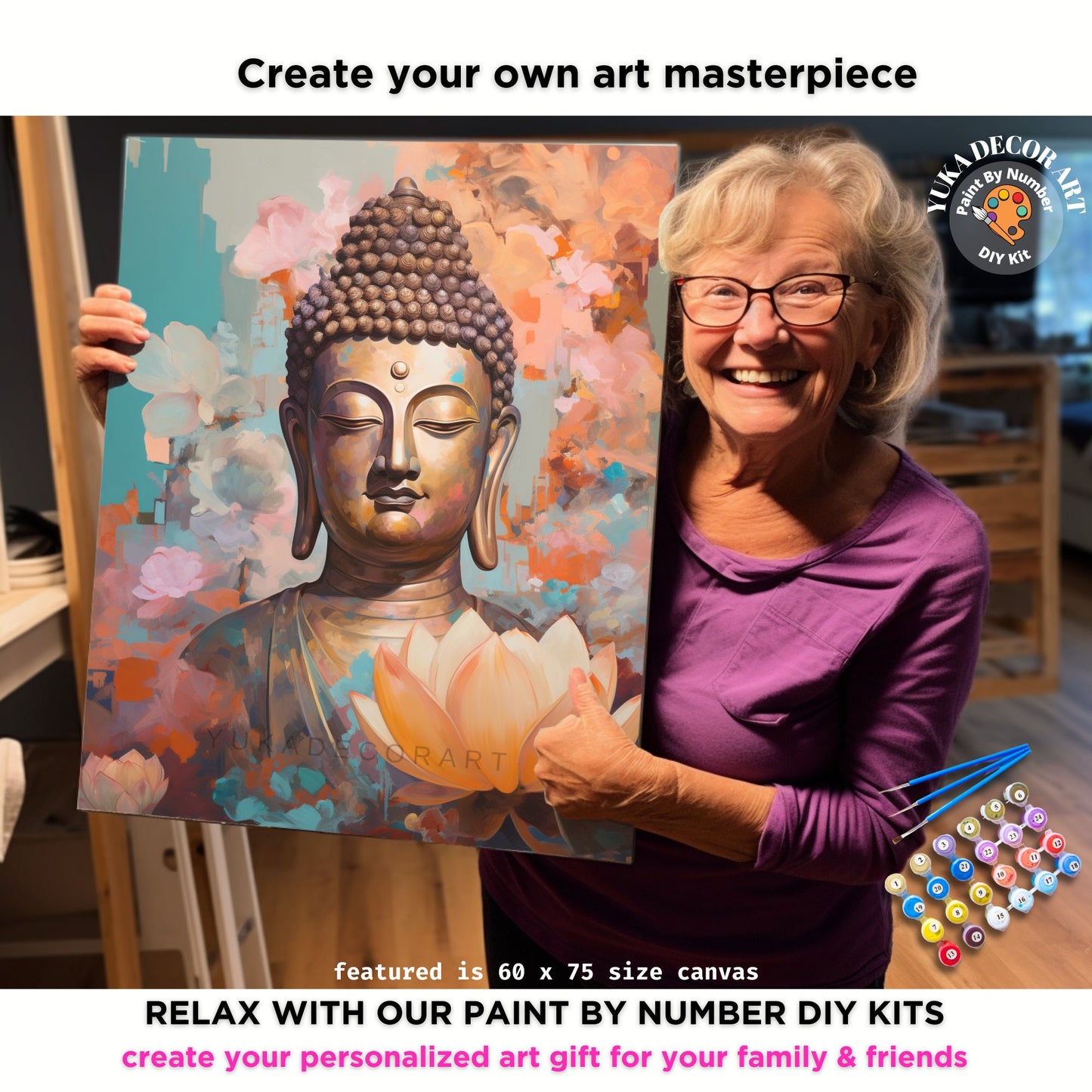PAINT by NUMBERS Kit For Adults  Buddha Gold Statue Pink Lotus Flower DIY Acrylic Painting Kit Zen Meditation Chakra Yoga Studio Decor Gift
