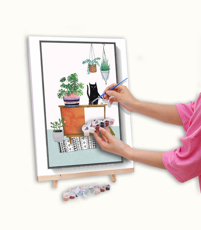 PAINT by NUMBER Kit Adult ,Black Cat With Floor Lamp and Plants , Easy DIY Beginners Acrylic Painting Kit , Wall Art  Gift