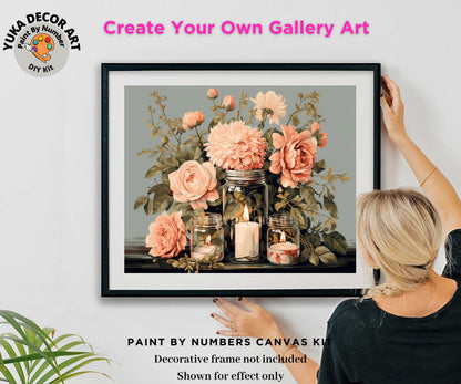 Pink Flowers PAINT by NUMBER Kit Adult, Mason Jar Bouquet ,Beginner Acrylic Painting DIY Kit ,Christmas Gift For Mom Grandma Girlfriend Wife