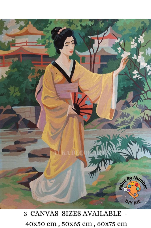 Japan Woman Vintage PAINT by NUMBER  Adult , Japanese  Pagoda Garden Landscape , Easy DIY Beginners  Painting Kit , Wall decor  Gift