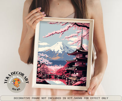 Japan PAINT by NUMBER Kit for Adults  Beginner DIY Art Kit Pink Cherry Blossoms Mount Fuji Acrylic Painting Wall Art Decor