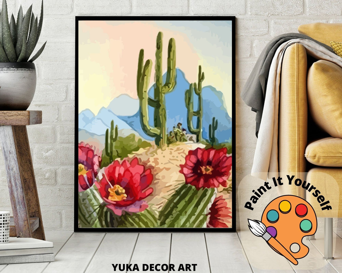 Desert Landscape PAINT by NUMBER Kit, Cactus Flowers Sunset Mountain View , Easy DIY Beginners Acrylic Painting Kit , Wall Art Gift