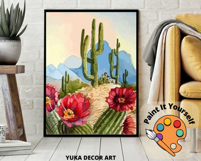 Desert Landscape PAINT by NUMBER Kit, Cactus Flowers Sunset Mountain View , Easy DIY Beginners Acrylic Painting Kit , Wall Art Gift