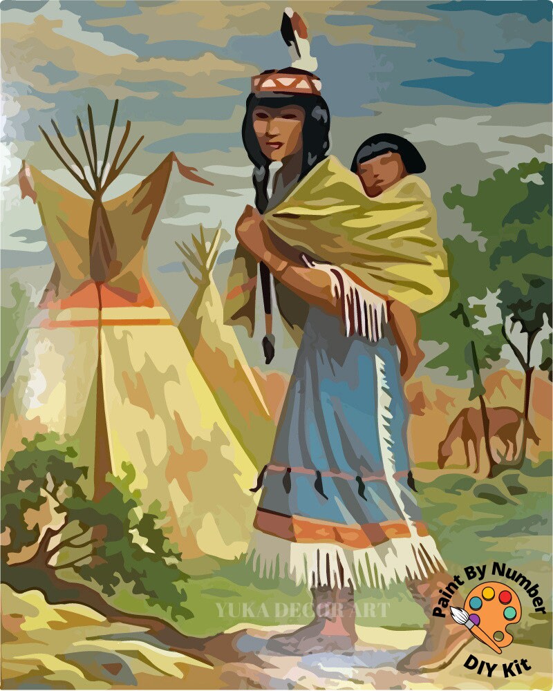 Vintage PAINT by NUMBER DIY Kit for Adult , Native American Vintage Style Art , Easy Acrylic Paint Kit,Wall Art Gift