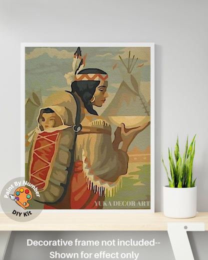 Vintage Style PAINT by NUMBER  Kit for Adult , Native American Mother Child  Painting , Easy Acrylic Paint Kit,Wall Art Gift