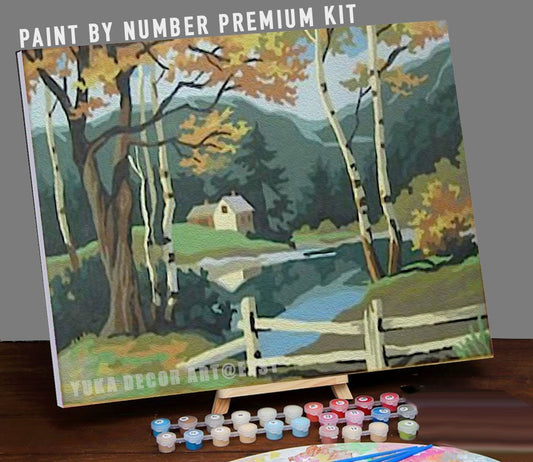 Country Home PAINT by NUMBER Kit for Adult , DIY Nature Landscape painting , Easy Beginner Acrylic Painting Kit,Vintage  Decor Gift