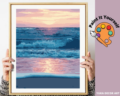Sunrise PAINT by NUMBER Kit for Adults , Waves On Seashore ,Beach Easy DIY Beginners Acrylic Paint Kit , Bedroom Wall Art Decor Gift