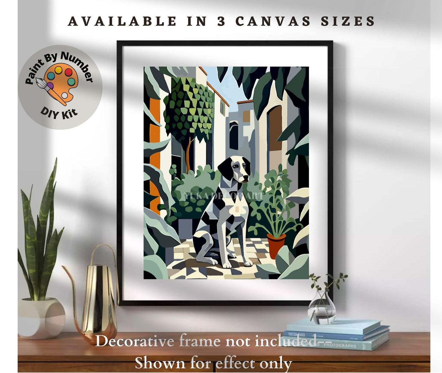 Modern PAINT by NUMBER Adult Kit ,Dog  In Courtyard , Foliage Plants ,Artist DIY Beginners Acrylic Paint Canvas Kit ,Wall Decor Gift