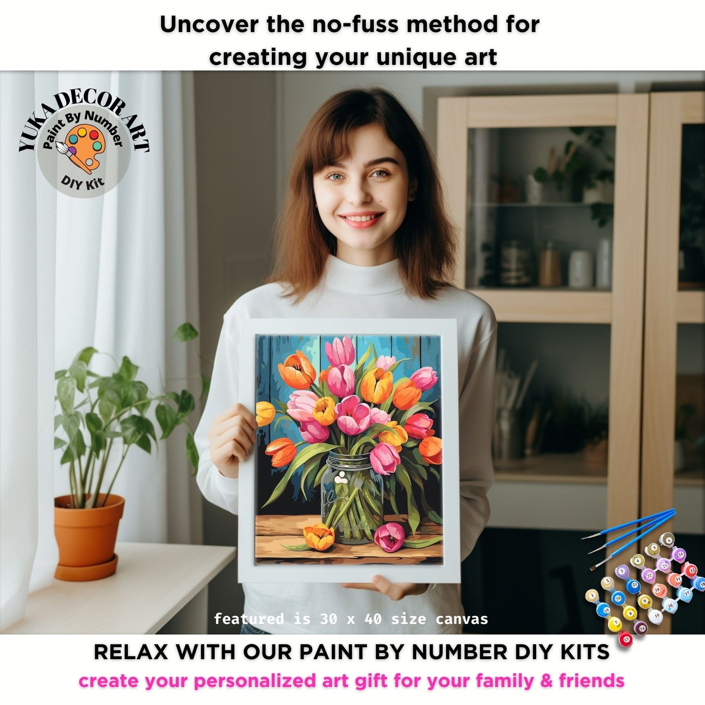 Tulips PAINT by NUMBERS Kit for Adults Vase Of Flowers Still Life DIY Painting Easy Beginners Hobby Kit Wall Art Mom Gift