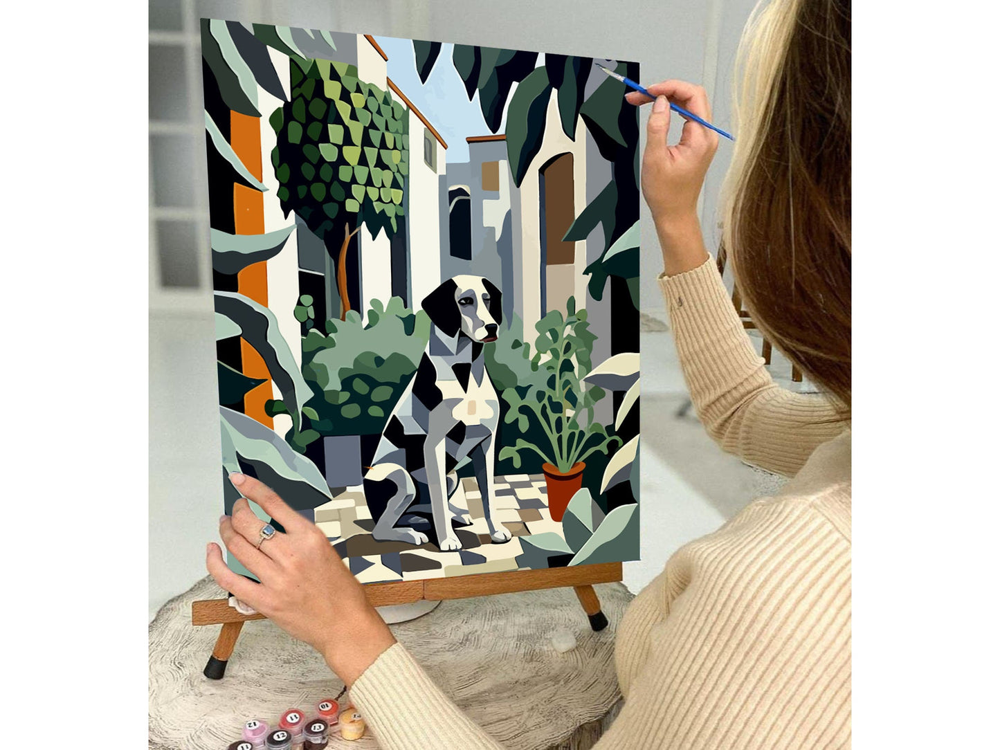 Modern PAINT by NUMBER Adult Kit ,Dog  In Courtyard , Foliage Plants ,Artist DIY Beginners Acrylic Paint Canvas Kit ,Wall Decor Gift