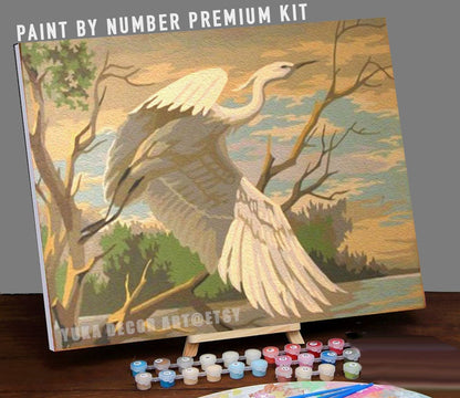 Vintage PAINT by NUMBER Kit Adult , White Egret Bird, DIY Vintage 1960s Style Paint Kit ,  Beginner Acrylic Canvas Painting Kit