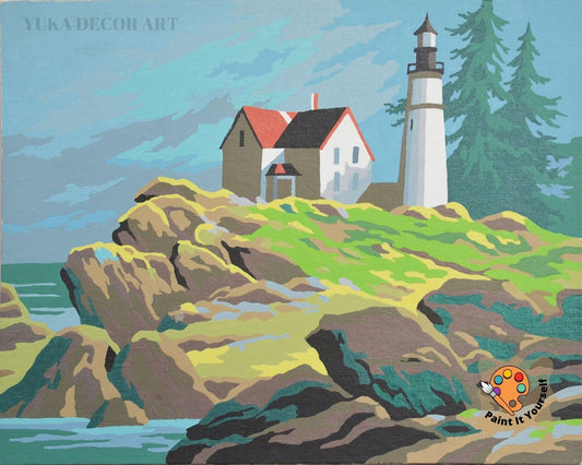 Vintage Style Paint by Numbers Kit for Adults Beginner, Lighthouse On Rocky Seashore , Canvas Painting Kit - Rustic Decor DIY Art Kit