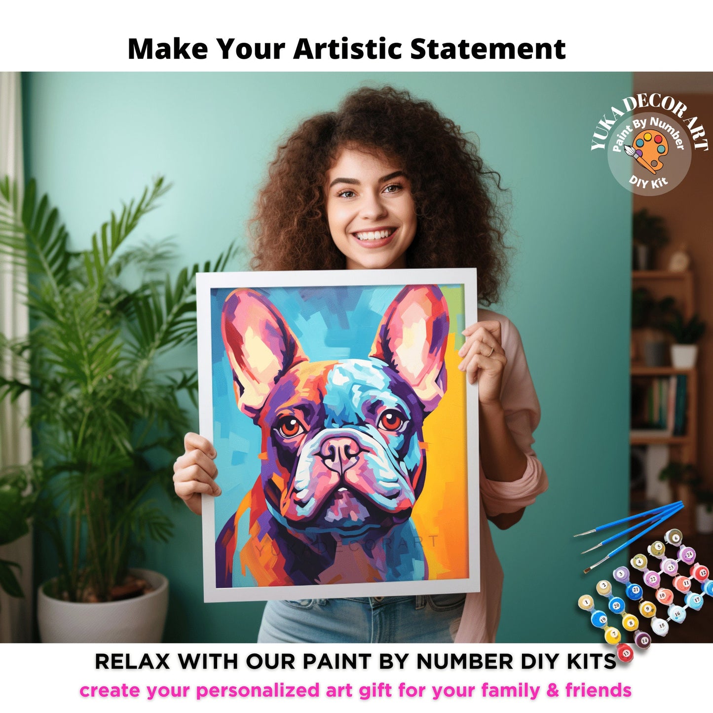 French Bulldog PAINT by NUMBER Kit Adult , Colorful Dog Art , Easy Beginner Acrylic Painting DIY Kit , Gift For Mom Dad