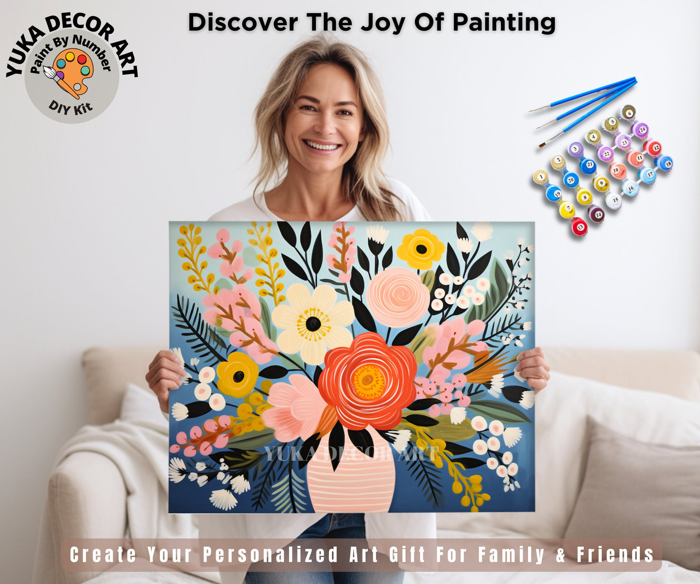 Floral PAINT by NUMBERS Diy Kit Adults Flower Bouquet Vase DIY Painting Beginners Canvas Wall Art Christmas Gift Wife Birthday Anniversary