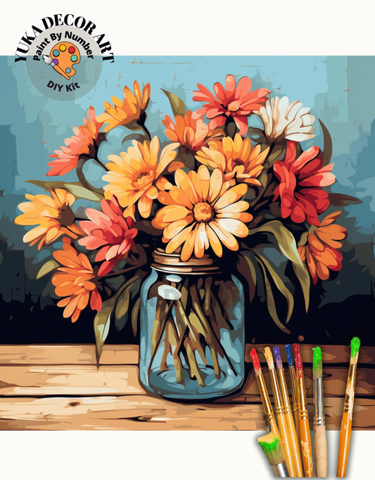 Cottage Decor PAINT by NUMBER Kit Adult, Wildflowers In Mason Jar Art ,Easy Beginner Acrylic Painting | Gift for Wife Girlfriend Mom Grandma