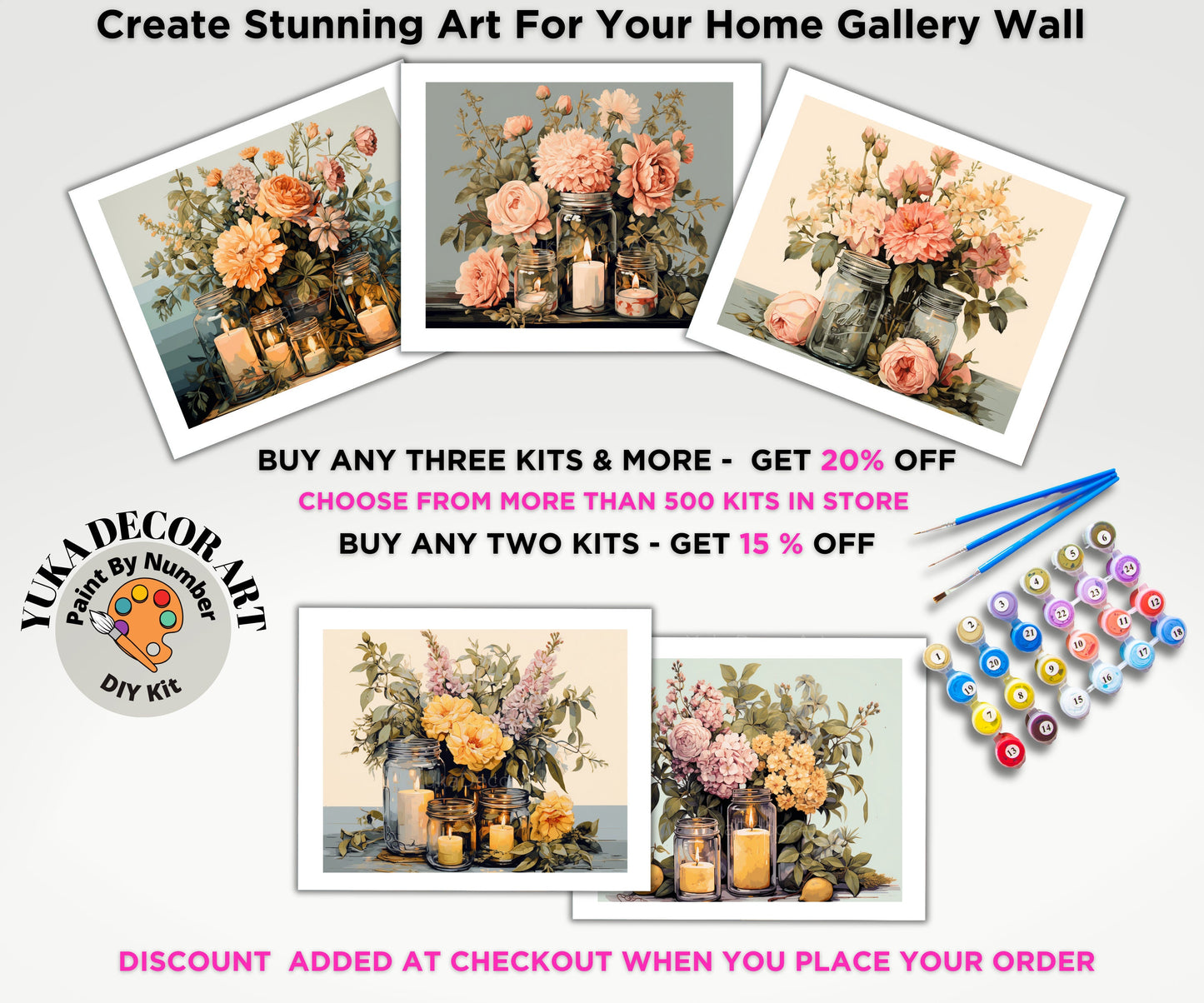 Pink Flowers PAINT by NUMBER Kit Adult, Mason Jar Bouquet ,Beginner Acrylic Painting DIY Kit ,Christmas Gift For Mom Grandma Girlfriend Wife