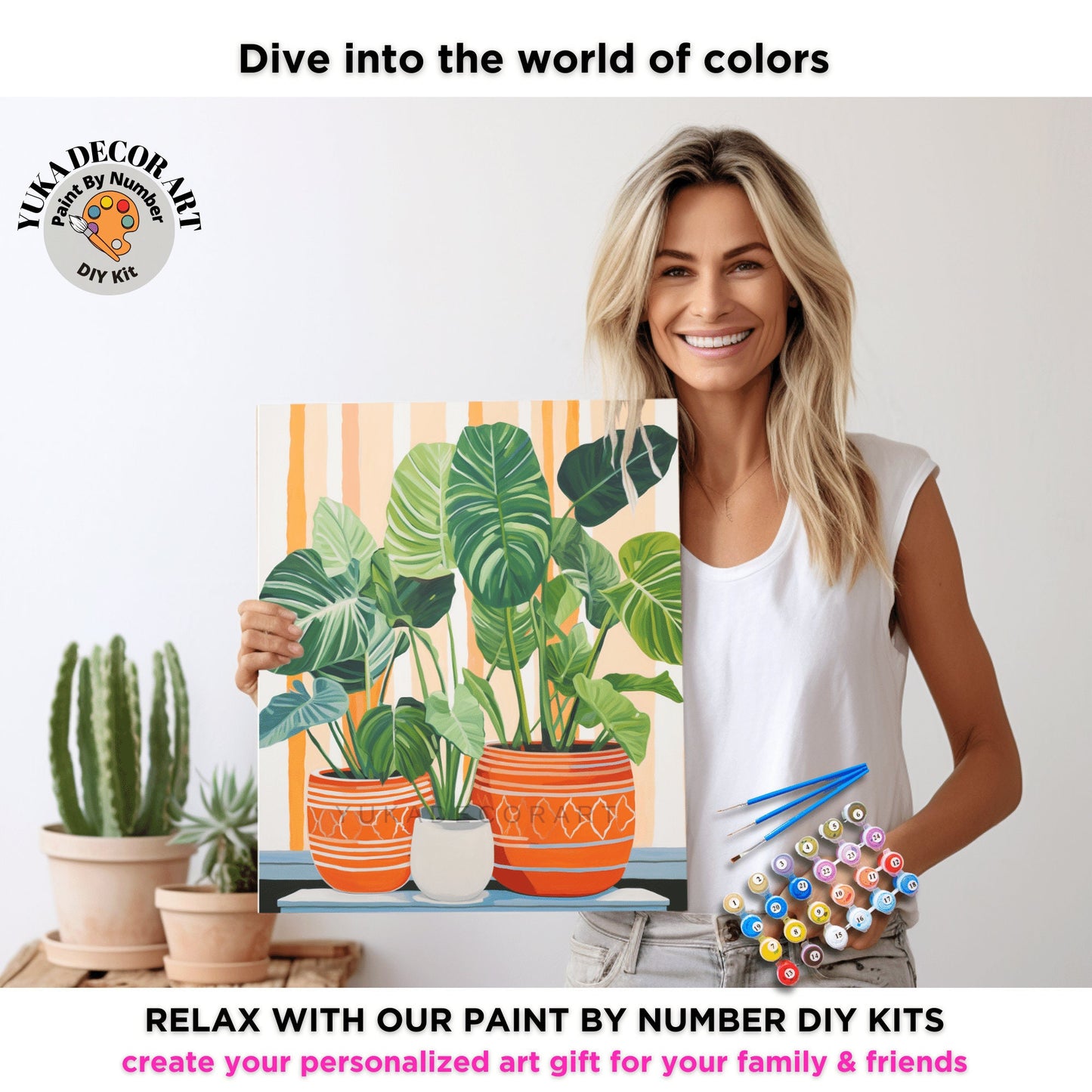 HousePlants PAINT by NUMBERS Kit Adult Boho Rustic Orange Minimalist Wall Art Easy Beginner DIY Painting Kit Gift Mom Dad