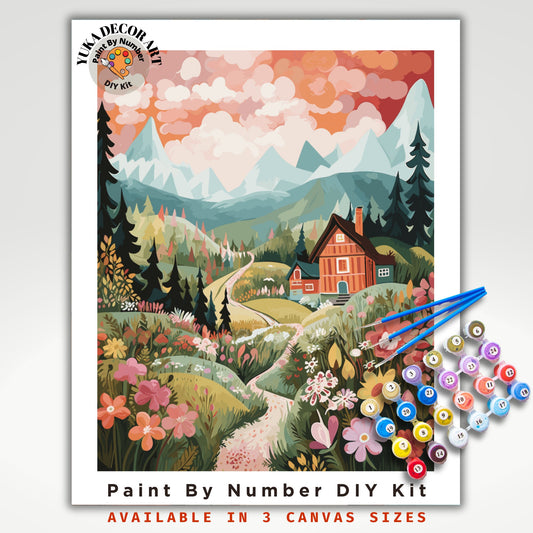PAINT by NUMBER Kit Adult Mountain Flowers Vibrant Colors Landscape Minimalist DIY Painting Beginners Acrylic Paint Kit Premium Decor Gift