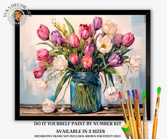 Vintage Floral PAINT by NUMBERS Diy Kit Adults Rustic Bouquet Glass Jar DIY Painting Easy Beginners Canvas Kit Wall Art Country Home Decor