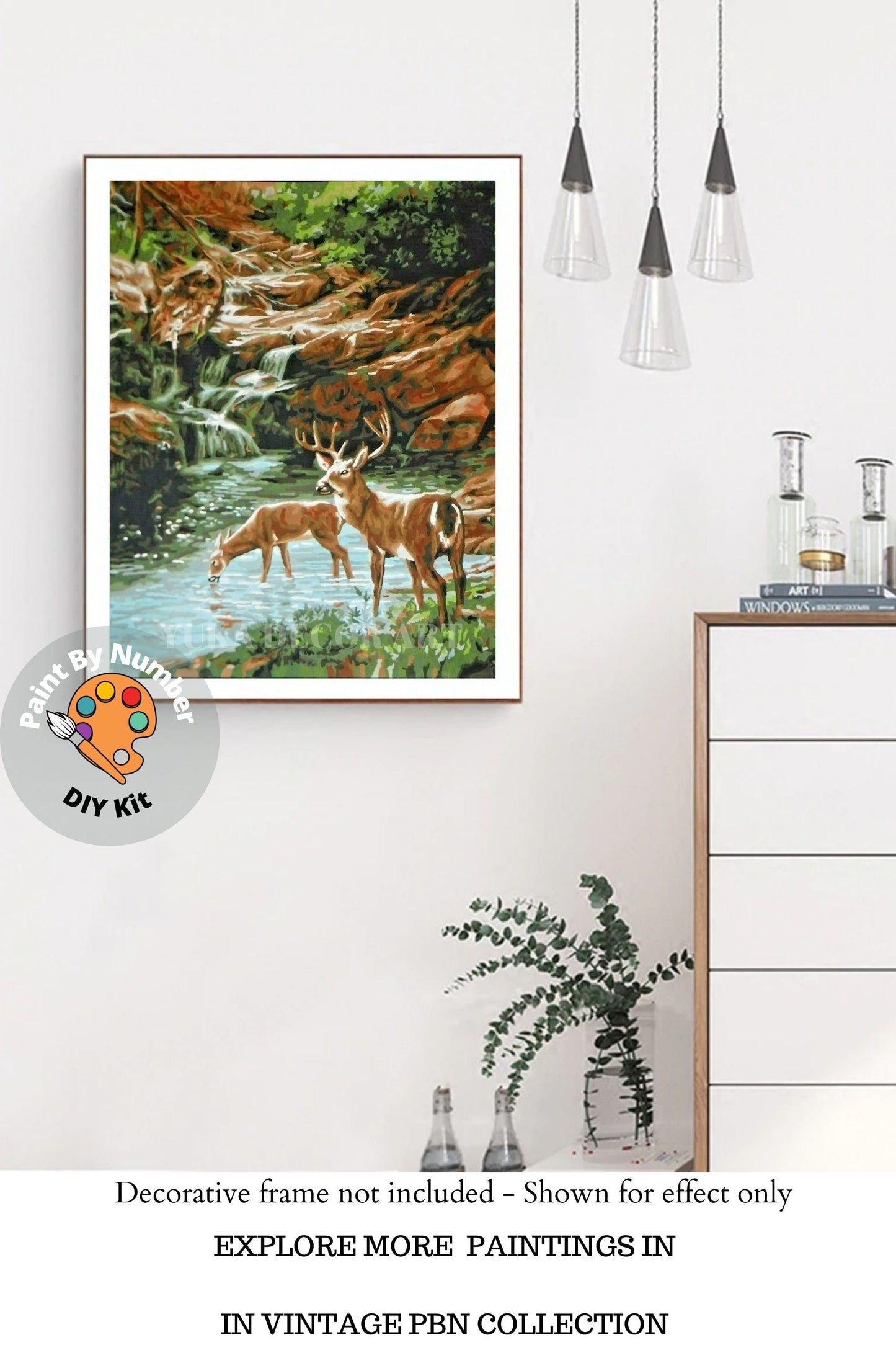 Deers in Forest PAINT by NUMBER Kit  Adult , Mountain Stream Vintage Style DIY Art , Easy Painting Hobby  Kit,Gift For Mom Grandmother