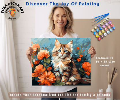 Cute Cat PAINT by NUMBER Kit Adult DIY Pet Portrait Vibrant Flowers Easy Beginner Acrylic Painting Birthday Custom Gift For Teenagers Kids