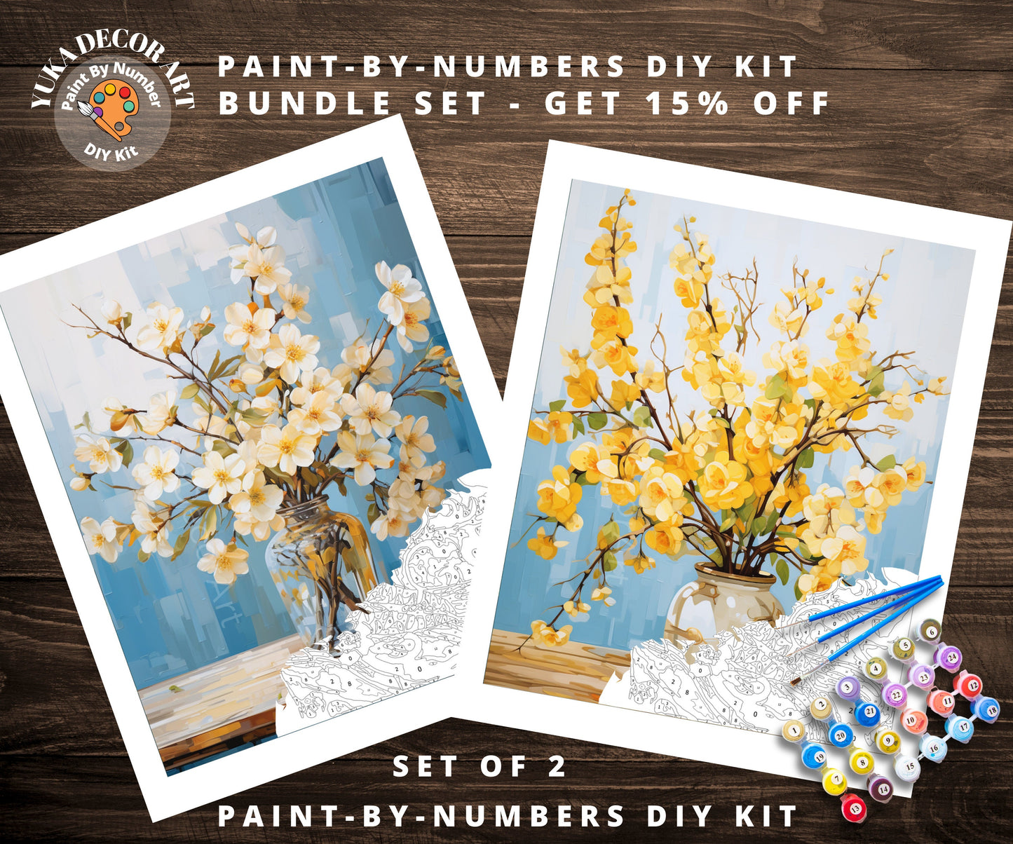 Yellow Flowers PAINT by NUMBER Kit Adults | Set Of 2 | WildFlowers DIY Painting Easy Beginners Hobby Kit Wall Art Birthday Gift Girlfriend