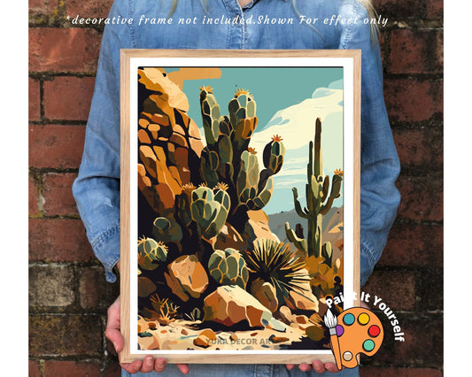 Cactus PAINT by NUMBER Kit Adult Desert Cactus Rocky Southwest Landscape Easy Beginners DIY Painting Vintage Style Ranch Decor Seniors Hobby