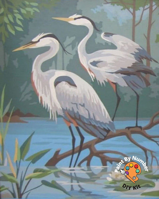 Vintage Style White Heron PAINT by NUMBER Kit for Adult , DIY Paint Kit Birds In Lake  , Easy Beginner Acrylic Painting,Home Decor Gift