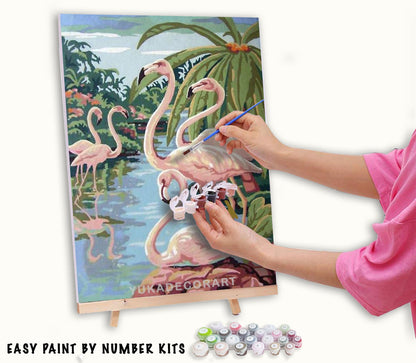 Vintage PAINT by NUMBER Kit Adult , Pink Flamingo Birds, DIY Vintage 1960s Style Paint Kit ,  Beginner Acrylic Canvas Painting Kit