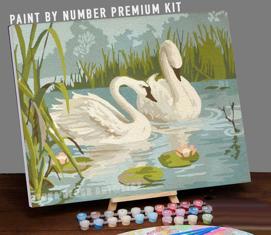 White Swans In Lake Garden PAINT by NUMBER Premium DIY Paint Kit Adult , Vintage Style Easy Beginner Acrylic Painting,Christmas  Gift