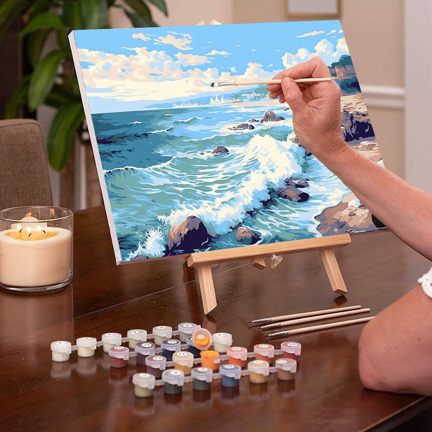 Seascape PAINT by NUMBER Kit for Adult , Rocky Seashore Waves Beach scene, Beginner Acrylic Painting Kit,Home Decor Gift