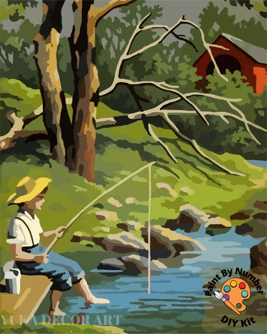 Vintage PAINT by NUMBERS for Adult, Boy Fishing In Stream, Easy Beginner Acrylic Painting  Kit,Vintage Decor Gift