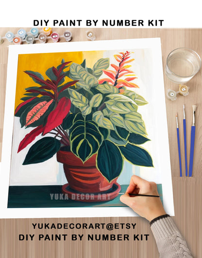 PAINT by NUMBERS Adult ,House Plants In Rustic Container , Easy DIY Beginners Paint Kit , Wall Art Gift for Aunt Grandmom