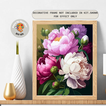 Pink Floral Paint by Numbers Adult White Pink Peony Flowers Painting Easy Beginner Paint DIY Kit Personalised Art Decor Gift For Mom Aunt