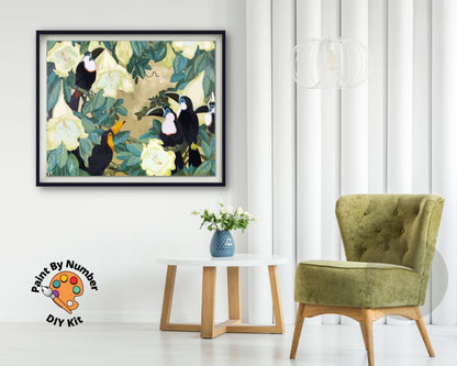 Toucans In Tropical Garden PAINT by NUMBER Premium DIY Paint Kit Adult , Vintage Style Easy Beginner Painting Gift