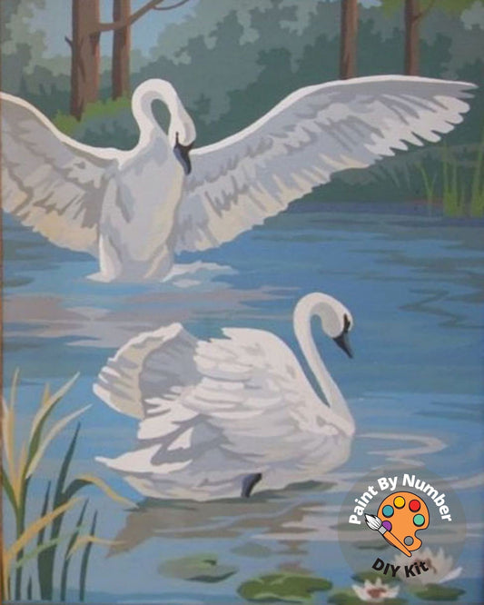 Vintage Style White Swans PAINT by NUMBER Kit for Adult , DIY Paint Kit Birds In Lake  , Easy Beginner Acrylic Painting, Home Decor Gift
