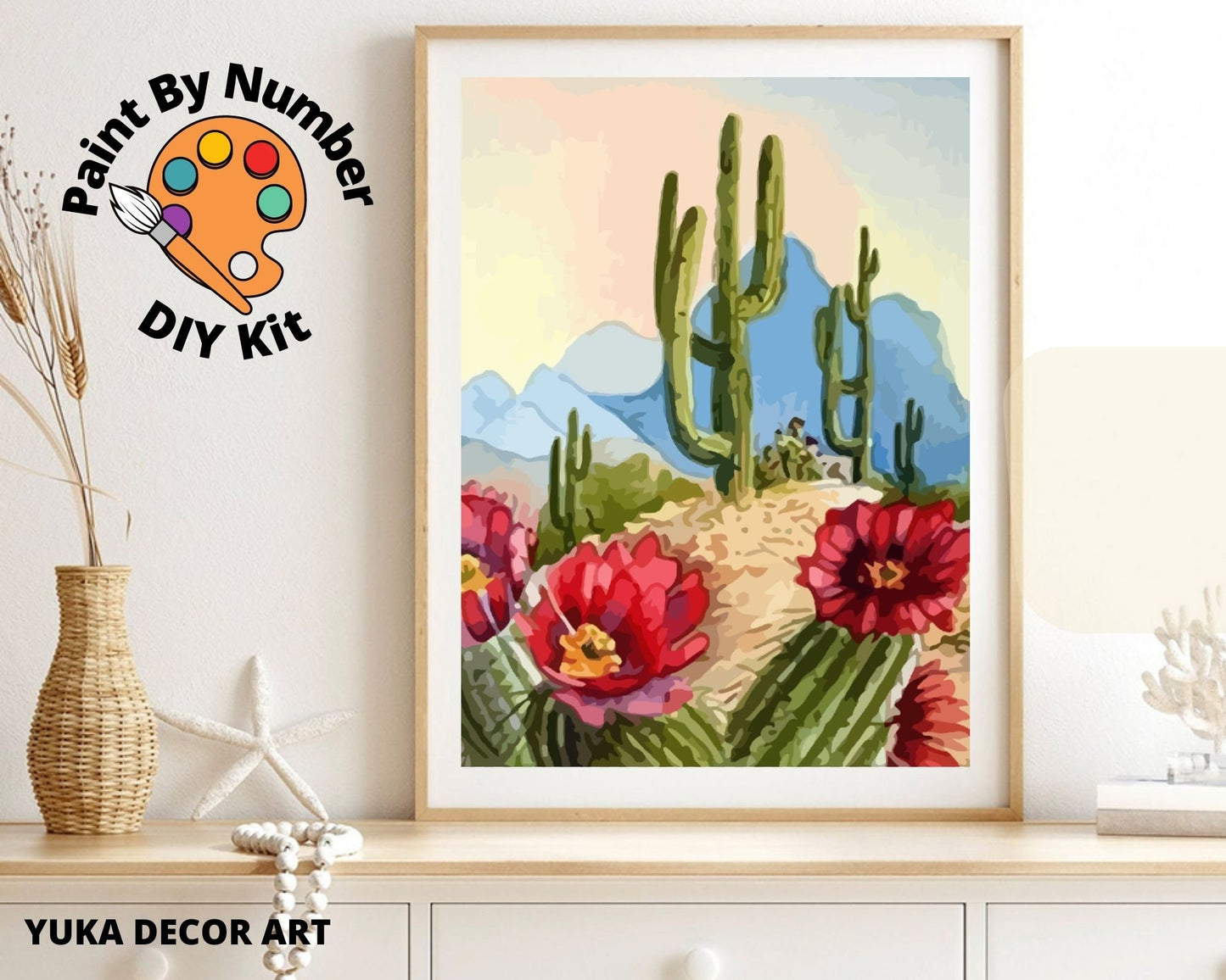 Desert Landscape PAINT by NUMBER Kit, Cactus Flowers Sunset Mountain View , Easy DIY Beginners Acrylic Painting Kit , Wall Art Gift