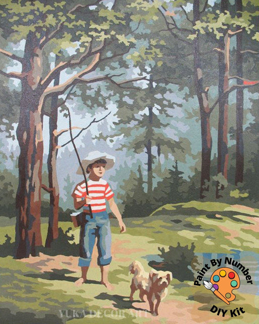 Vintage PAINT by NUMBERS for Adult, Boy Fishing In Stream, Easy Beginner Acrylic Painting  Kit,Vintage Decor Gift