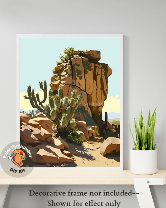 Vintage Inspired PAINT by NUMBER Kit Adult, Desert Rocks Cactus Landscape Painting , Easy Beginners  DIY Painting ,Vintage Style Decor Gift