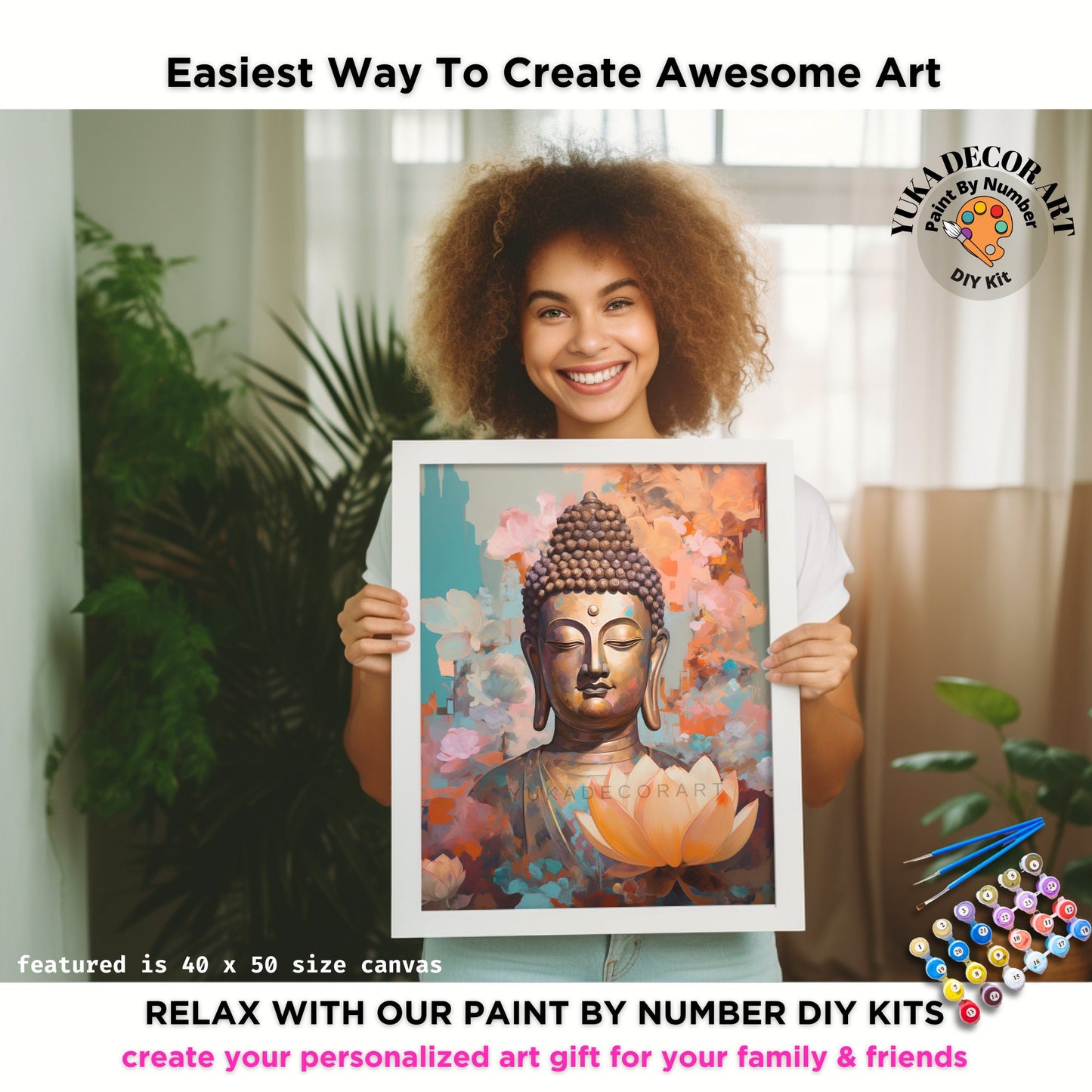 PAINT by NUMBERS Kit For Adults  Buddha Gold Statue Pink Lotus Flower DIY Acrylic Painting Kit Zen Meditation Chakra Yoga Studio Decor Gift