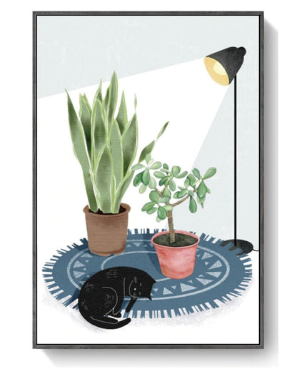PAINT by NUMBER Kit Adult ,Black Cat With Floor Lamp and Plants , Easy DIY Beginners Acrylic Painting Kit , Wall Art  Gift